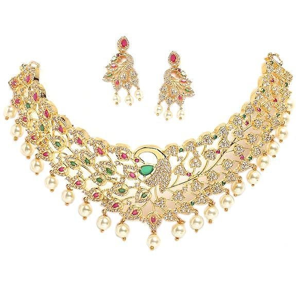 ZENEME Zenem Gold Plated White & Red American Diamond Studded With Drop Pearl Beaded Jewellery Set For Women & Girl