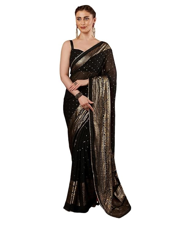 SAMAH Women's Georgette Foil PrintedMaterial compositionGeorgette Occasion typeFestival, Party, Wedding Care instructionsMachine Wash Country of OriginIndia About this item Saree Fabric : Georgette || Blouse Fabric : Georgette Length :: Saree : 5.50Mtr || Blouse : 0.80Mtr which Need to be stitched as per size and fit Color :: Saree Color : Black || Blouse Color : Black & Golden || Disclaimer : Colour Of The Actual Product May Slightly Vary Due To Different Photographic Lighting Sources Or Your Display Color Settings Or Screen Type. Work :: Saree : Foil Printed & Lace & Tassels || Blouse : Foil Printed Package Content : 1 Saree With 1 Unstitched Blouses Piece || Occassion: This Saree Is Suitable To Get A Contemporary Stylish Look In Normal Occasions, College Farewell, Family Get Together, Regular Or Daily Use, Office Or Work Or Gifting To Loved One.with Unstitched Blouse Piece