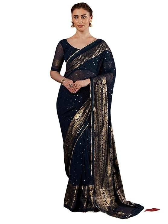 SAMAH Women's Georgette Foil PrintedMaterial compositionGeorgette Occasion typeFestival, Party, Wedding Care instructionsMachine Wash Country of OriginIndia About this item Saree Fabric : Georgette || Blouse Fabric : Georgette Length :: Saree : 5.50Mtr || Blouse : 0.80Mtr which Need to be stitched as per size and fit Color :: Saree Color : Black || Blouse Color : Black & Golden || Disclaimer : Colour Of The Actual Product May Slightly Vary Due To Different Photographic Lighting Sources Or Your Display Color Settings Or Screen Type. Work :: Saree : Foil Printed & Lace & Tassels || Blouse : Foil Printed Package Content : 1 Saree With 1 Unstitched Blouses Piece || Occassion: This Saree Is Suitable To Get A Contemporary Stylish Look In Normal Occasions, College Farewell, Family Get Together, Regular Or Daily Use, Office Or Work Or Gifting To Loved One.with Unstitched Blouse Piece