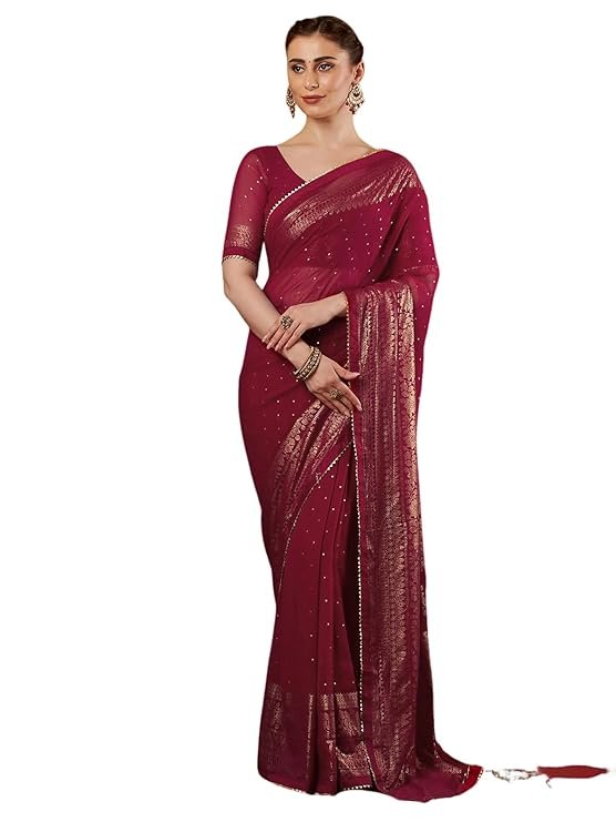 Satrani Women's Georgette Bandhani Printed Festive Saree with Unstitched Blouse Piece