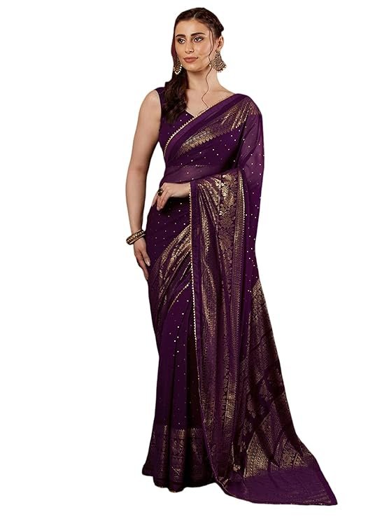 SAMAH Women's Georgette Foil PrintedMaterial compositionGeorgette Occasion typeFestival, Party, Wedding Care instructionsMachine Wash Country of OriginIndia About this item Saree Fabric : Georgette || Blouse Fabric : Georgette Length :: Saree : 5.50Mtr || Blouse : 0.80Mtr which Need to be stitched as per size and fit Color :: Saree Color : Black || Blouse Color : Black & Golden || Disclaimer : Colour Of The Actual Product May Slightly Vary Due To Different Photographic Lighting Sources Or Your Display Color Settings Or Screen Type. Work :: Saree : Foil Printed & Lace & Tassels || Blouse : Foil Printed Package Content : 1 Saree With 1 Unstitched Blouses Piece || Occassion: This Saree Is Suitable To Get A Contemporary Stylish Look In Normal Occasions, College Farewell, Family Get Together, Regular Or Daily Use, Office Or Work Or Gifting To Loved One.with Unstitched Blouse Piece