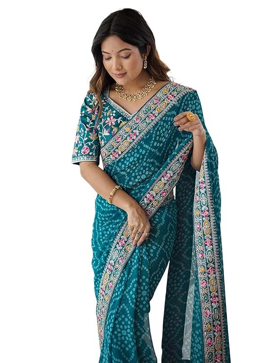 Satrani Women's Georgette Bandhani Printed Festive Saree with Unstitched Blouse Piece